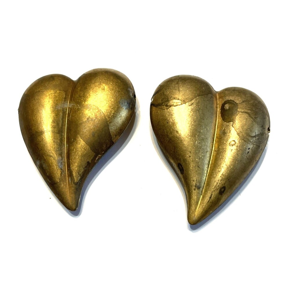 Rare 80s Puffy Heart Pendant Vintage Brass Bead Side Hole Patina Rustic
